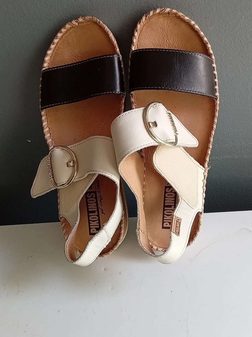 Pikolinos Leather Two Tone Slingback Buckle Wedge Sandals‎ Cream Black Size 39